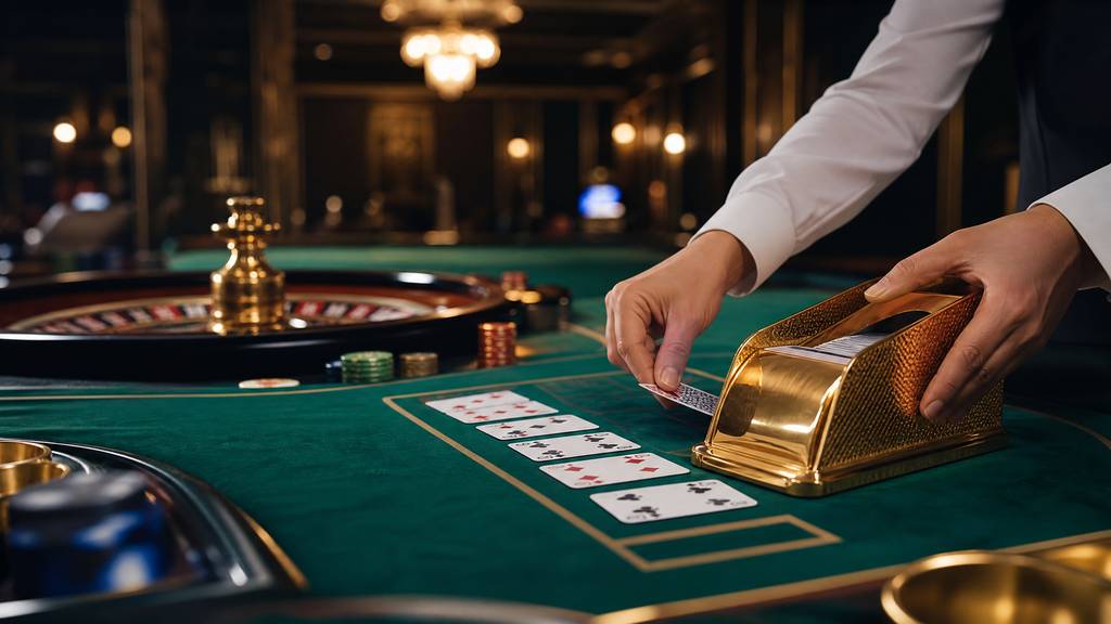 Meja baccarat live casino dengan kartu dan roda roulette
