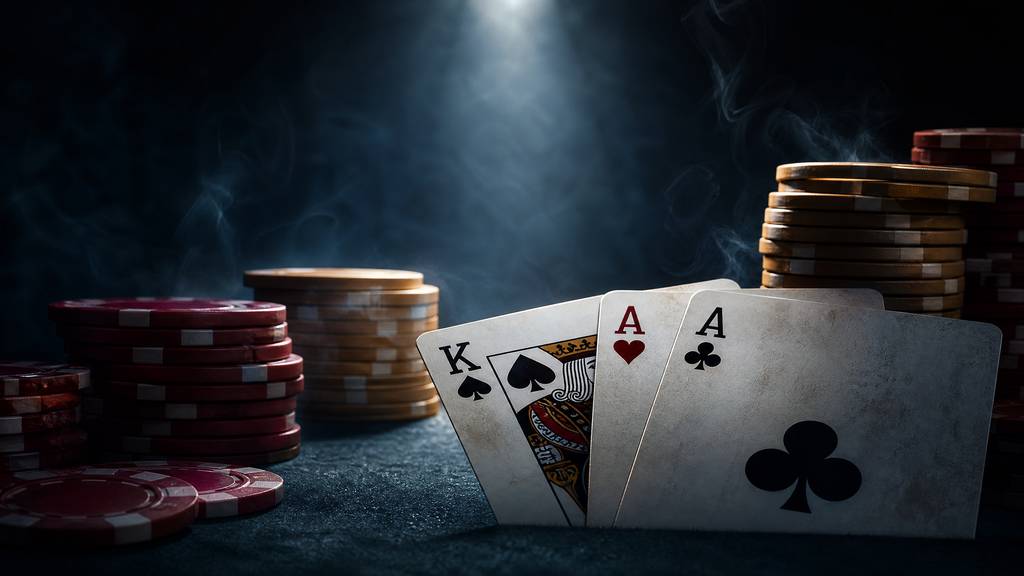 Kartu as dan chip poker di meja hijau dengan sorotan lampu