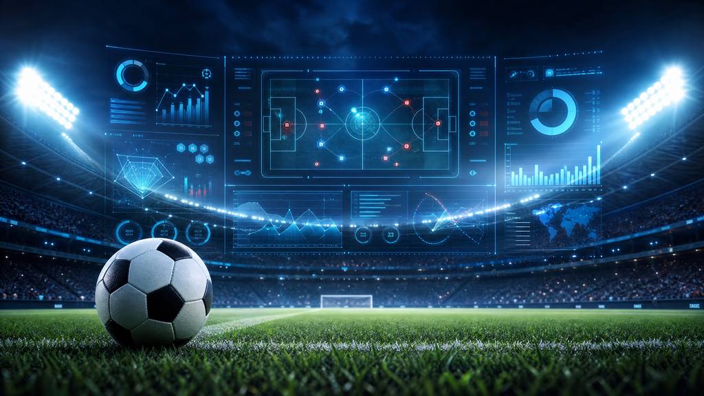 Stadion sepak bola malam hari dengan hologram statistik