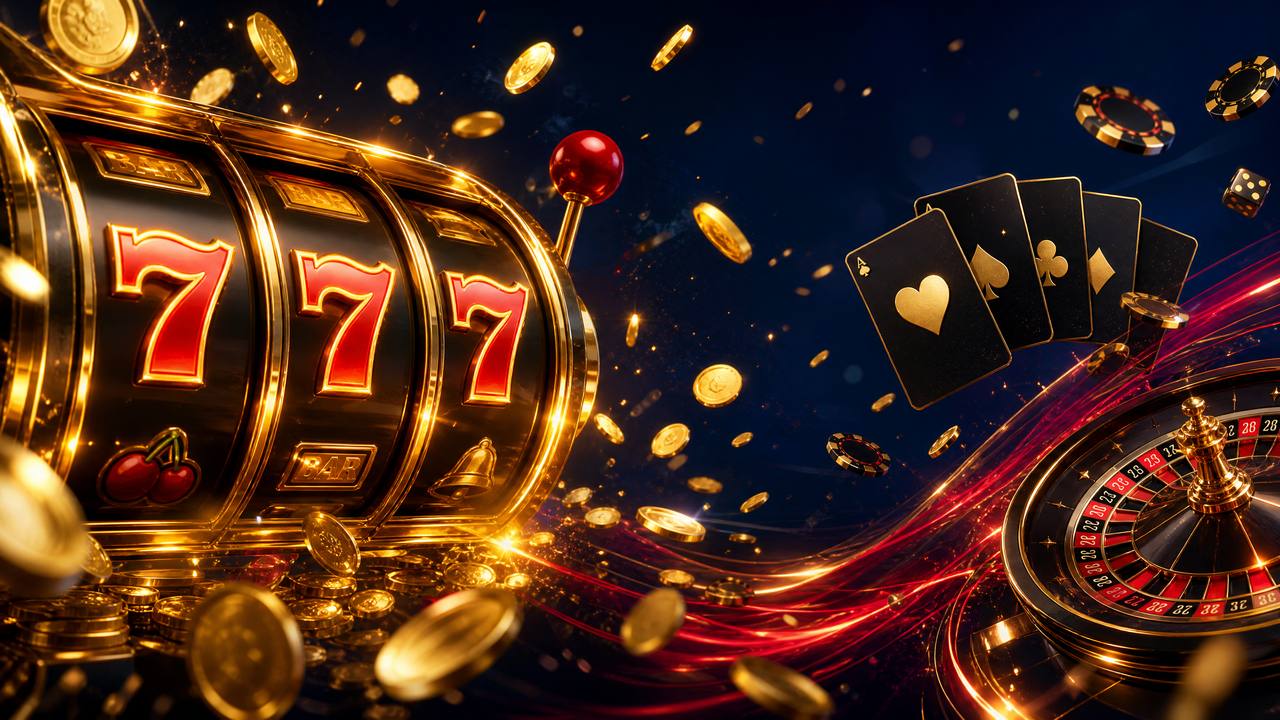 Suasana lobi kasino daring dengan koin emas dan mesin slot