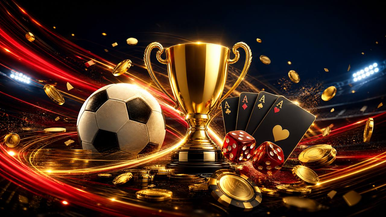 Trofi emas, bola sepak, dan kartu dalam nuansa sportsbook